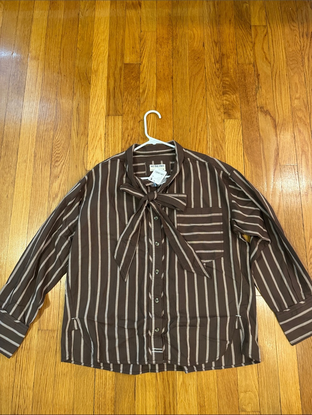 We The Free Brown and Cream Striped Tie-Neck Button-Up Shirt - Picture 4 of 6